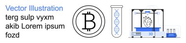 Kripto para birimi, genetik mühendisliği, 3D baskı, ileri teknoloji, biyoteknoloji sembolleri, tıbbi gelişmeler. Bitcoin logosu, DNA sarmalı 3D yazıcı kalp modeli yaratıyor. Kripto para birimi ve genetik