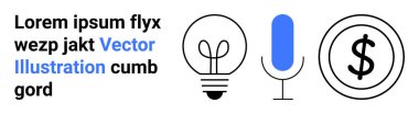 Creativity, communication, technology, innovation, business, finance. A light bulb, a microphone and a dollar symbol are presented. Creativity and communication concepts are
