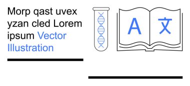 Bilim, eğitim, genetik araştırma, çeviri, akademi, dil öğrenme. Test tüpünde DNA sarmalı ve A harfli ve çeviri sembollü açık bir kitap. Genetik araştırma ve eğitim kavramı