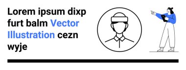 Avatar ana hatlarını, elinde bir tablet tutarken veriye işaret eden kişinin yanında belirle. Kullanıcı arayüzü, kimlik, analitik, profil tasarımı, rehberlik, minimalizm, basit iniş sayfası için ideal