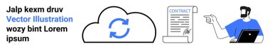 Bulut hesaplama, uzaktan çalışma, dijital sözleşmeler, iş akışı, online işbirliği, veri senkronizasyonu. Bulut simgesi, belge ve bilgisayarı olan kişi. Bulut hesaplama ve dijital sözleşmeler