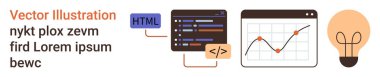 Teknoloji, veri analizi, yenilik, programlama, kodlama, web geliştirme. Kod parçacıkları, yukarı doğru giden grafikler ve bir ampul görüntüler. Yenilik ve teknoloji kavramı