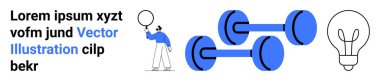 Balon tutan kişi, mavi halterler ve basit bir ampul çizimi. Fitness, eğitim, yenilik, yaratıcılık, enerji, kişisel büyüme ve basit iniş sayfası için ideal