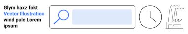 Dijital arama, zaman yönetimi, endüstriyel süreçler, verimlilik, araştırma ve modern teknoloji. Büyüteçli arama çubuğu, bir saat ve endüstriyel bitki taslağı. Dijital arama