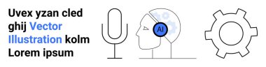 Yapay zeka, ses teknolojisi, otomasyon ve yeniliği sembolize eden yapay zeka, mikrofon ve teçhizata sahip insan kafası. Teknoloji, yapay zeka araçları, makine öğrenme otomasyon süreçleri için ideal