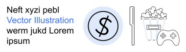 Finans, eğlence, oyun, bütçe, planlama, boş zaman aktiviteleri. Patlamış mısırlı çember şeklinde dolar işareti, kalem oyunu kumandası. Finans ve eğlence kavramı, eğlence ve paranın altını çiziyor