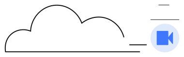 Bulut depolama, video akışı, çevrimiçi iletişim, uzaktan çalışma, dijital medya, veri paylaşımı. Mavi video kamera ikonu olan minimalist bulut. Bulut depolama ve video akışı kavramı