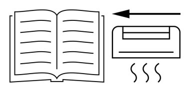 İklim kontrolü kavramı. Isıtma ya da havalandırma sembolü ve yönlü ok hava akışı içeren kitabı aç. Eğitim, kütüphaneler, işyerleri, evler ve ofislerde iklim denetimi