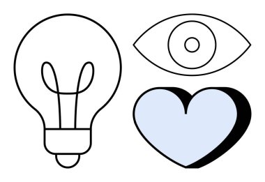 Yaratıcılık, vizyon, duygusal bağlantı, yenilik, ilham, tasarım kavramları. Bir ampulün, gözün ve kalbin minimalist hatları. Yaratıcılık ve vizyon kavramları sembolik olarak gösterilir