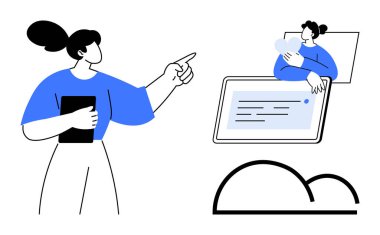 Bulut depolama kavramı. İki kadın iletişim ve depolamayı vurgulayan bulut hizmetleri ve dijital araçlarla etkileşim halindeler. Bulut depolama veri erişimini ve paylaşımını dönüştürüyor. Teknoloji için, uzaktan çalışma