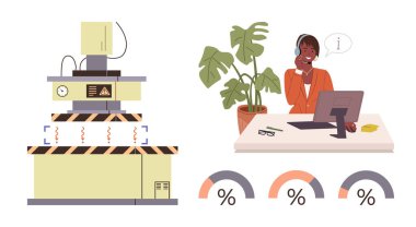 Endüstriyel otomasyon, müşteri hizmetleri, teknoloji, iletişim, iş akışı optimizasyonu, analitik. Bir makine ve bir destek ajanı bir bilgisayarla masada oturuyorlar. Sanayi otomasyonu