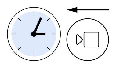 Zaman yönetimi konsepti. Video oynatma simgesiyle eşleştirilmiş saat zamanı. Zaman verimli programlama, düzenleme ve medya kullanımı. Üretkenlik, film yapımı, zamanlama, dijital araçlar eğitimi için