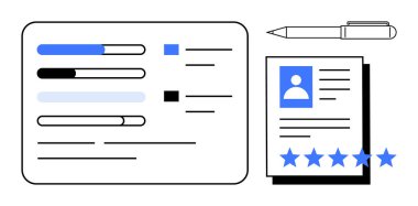 İlerleme çubukları, profil kartı ve adayları değerlendirmek için yıldız reytingleri de dahil olmak üzere iş başvurusu unsurları. İşe alım, işe alım, insan kaynakları, kariyer geliştirme, değerlendirmeler, çalışanlar için ideal