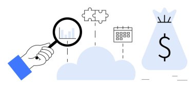 El, bulut, bulmaca parçaları, takvim ve para çantasına bağlı büyüteçle verileri inceler. Finans, analitik, bulut hesaplama, planlama, iş stratejisi problem çözme için ideal
