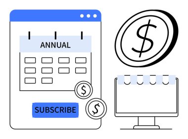 Abonelik hizmetleri, ecommerce, çevrimiçi ödemeler, mali yönetim, dijital pazarlama, iş araçları. Yıllık takvim, üyelik düğmesi ve ödeme sembolleri. Üyelik hizmetleri ve ekommerce