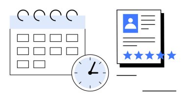 Zamanlama, planlama, atamalar, performans değerlendirmesi, son teslim tarihleri, verimlilik ve verimlilik için beş yıldızlı değerlendirme konseptine sahip takvim, saat ve profil belgesi. İş İK zamanı için ideal