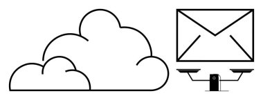 Bulut deposu, e-posta hizmetleri, veri koruması, dijital iletişim, siber güvenlik, teknoloji. Bir bulut, bir zarf ve denge ölçeği güvenliği. Bulut depolama ve siber güvenlik kavramı