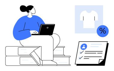 Dizüstü bilgisayarda çalışan kadın kitapların üzerinde oturuyor, indirim simgesi olan gömlek, ve görevleri olan kontrol listesi. E-ticaret, eğitim, üretkenlik, uzak çalışma, hedefler, organizasyon ve çevrimiçi alışveriş için ideal