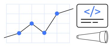 Veri analizi, teknoloji, yazılım geliştirme, iş büyümesi, programlama, araştırma araçları. Veri noktaları, kodlama sembolü ve teleskoplu bir çizgi grafiği. Veri analizi ve teknoloji kavramı