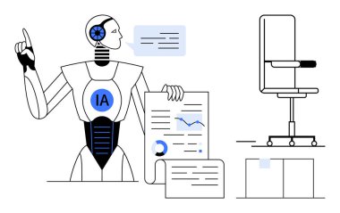 Yapay zeka, otomasyon, veri görselleştirme, ofis işi, fütüristik teknoloji, işyeri. Robot raporları çizelgeler ve konuşma baloncuklarıyla sunuyor. Yapay zeka ve otomasyon