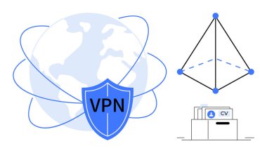 VPN konsepti. Güvenli tarama ve iletişim için sanal özel ağ. VPN gizliliği, veri korumasını ve güvenliğe erişimi arttırır. Siber güvenlik, veri gizliliği, engelleme zinciri, uzak çalışma için