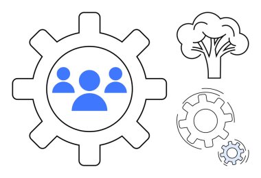 Takım çalışması, işbirliği, sürdürülebilirlik, çevre yönetimi, süreç gelişimi, yenilik. İnsan simgeleri ve ağaç olan bir vites sembolü. Takım çalışması ve sürdürülebilirlik kavramı