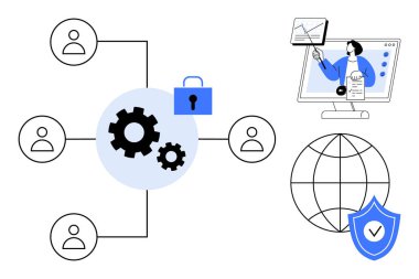 Veri güvenliği kavramı. Kilitlerle, kalkanlarla ve bağlantılarla veri koruması. Veri güvenliği güvenli iletişim, çevrimiçi işbirliği ve küresel bağlantı sağlar. İş, bilişim ve teknoloji için