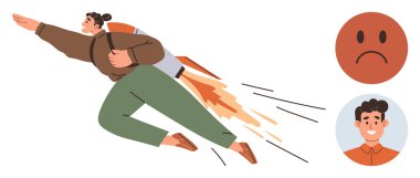 Başarı, kişisel büyüme, girişim yeniliği, motivasyon, duygusal zeka, karar verme. Yanında üzgün ve mutlu yüzlerle sırt çantasıyla uçan biri. Başarı ve kişisel