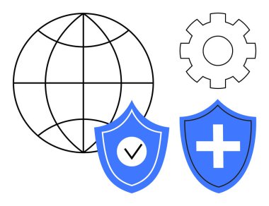 Siber güvenlik, küresel güvenlik, teknoloji hizmetleri, veri koruması, sistem optimizasyonu, sağlık yönetimi. Küre, kalkanlar ve vites simgeleri. Siber güvenlik ve küresel güvenlik kavramları