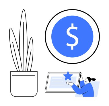 Finansal büyüme, çevrimiçi öğrenme, başarı, profesyonel hizmetler, eğitim ve ödüller. Bir dolar sembolü, dijital sertifika ve saksı bitkisi. Finansal büyüme ve çevrimiçi öğrenme kavramı