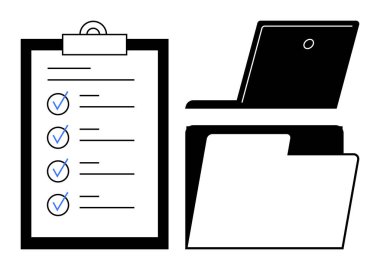 Görev yönetimi, organizasyon, verimlilik, iş akışı, dijital depolama, ofis aletleri. Kontrol listesi, klasör ve dizüstü bilgisayar. Görev yönetimi ve kuruluş kavramları ofis ve dijital iş akışlarında