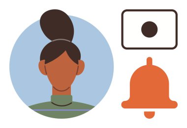 Kullanıcı arayüzü, bildirimler, dijital kimlik, iletişim araçları, çevrimiçi profiller, kişiselleştirme. Bir kadın avatar, çan ikonu ve kamera ikonu. Kullanıcı arayüzü ve iletişim araçları kavramı