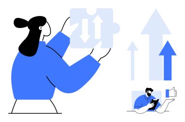 İş planlaması, büyüme stratejileri, takım çalışması, verimlilik, problem çözme, karar verme. Elinde oklarla yapboz parçası tutan kadın ve baş parmağını kaldıran adam. İş planlaması ve büyüme