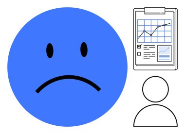 Duygusal analiz, iş performansı, işyeri stresi, analitik, verimlilik, kişisel değerlendirme. Mavi üzgün surat, grafik raporu ve insan simgesi. Duygusal analiz ve iş performansı