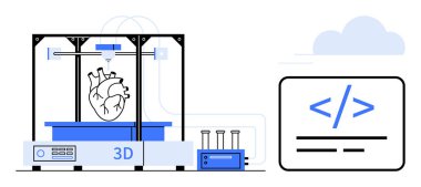 Tıbbi yenilik, 3D baskı, biyoteknoloji, kodlama, gelecekteki teknoloji, sağlık hizmetleri çözümleri. 3D yazıcı kodlama sembolünün yanında bir insan kalbi yaratıyor. Tıbbi yenilik ve 3D baskı kavramı