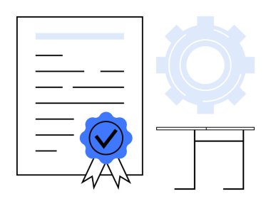 Sertifika, kalite güvencesi prosedürleri, mesleki standartlar, akreditasyon, politika belgeleri, eğitim. Kurdeleli ve işaretli sertifika, masa donanımı. Sertifika ve kalite
