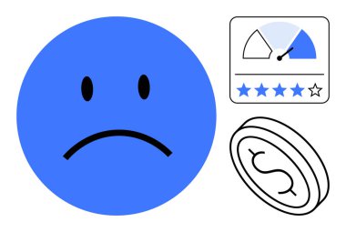 Üzgün bir yüz ifadesi, bir derecelendirme sayacı ve bozuk para sembolünden olumsuz geri bildirim. Müşteri değerlendirmelerinde, finansal gerilemelerde ve ürün değerlendirmesinde olumsuz geri bildirim. İş ve e-ticaret için kullanışlı