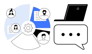 Takım çalışması, sanal iletişim, iş birliği, proje yönetimi, uzaktan çalışma, çevrimiçi araçlar. Profilli dairesel diyagram, metin teçhizatı ikon dizüstü bilgisayarı ve sohbet baloncuğu. Takım çalışması ve sanal