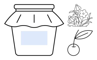 Gıda ambalajı, ürün markalaşması, doğal malzemeler, ev yapımı ürünler, organik ürünler, minimum tasarım. Boş etiketli reçel kavanozu, kiraz ve çiçek çizimi. Gıda ambalajı ve ürün