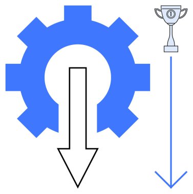 İşlem optimizasyonu. Aerodinamik bir iş akışına ve başarılara doğru yönelen oklu bir vites. Ticarette, mühendislikte, stratejide, başarıda ve yenilikte iyileştirme süreci