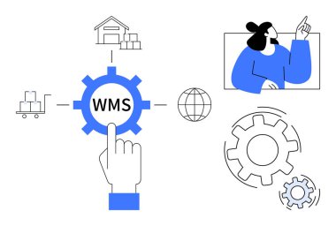 Depoda lojistik, otomasyon, tedarik zinciri iş akışı, operasyonel verimlilik, e-ticaret organizasyonu, envanter yönetimi. El ve veri grafikli WMS dişli sembolü. Lojistik Depolama