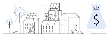 Güneş enerjili binalar, rüzgar türbinleri, ağaçlar ve finansal tasarruf veya yatırım öneren bir para çantası ikonu olan akıllı bir şehir. Sürdürülebilirlik için ideal, çevre dostu enerji, yeşil iş, kentsel