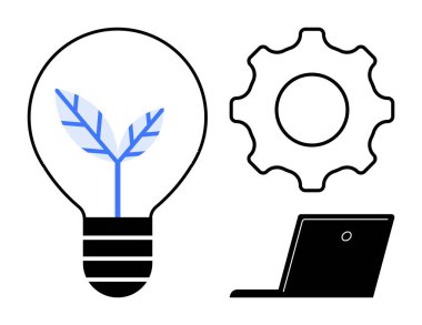 Sürdürülebilir enerji, ekolojik teknoloji, yenilik, gelişme, iş çözümleri, çevre bakımı. Yapraklı, teçhizatlı ve dizüstü bilgisayarlı ampul. Sürdürülebilir enerji ve ekolojik teknoloji