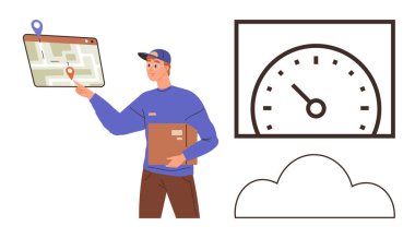 Paket teslimatı, online izleme, lojistik yönetimi, nakliye hizmetleri, rota optimizasyonu, bulut depolama. Paket, hız göstergesi ve bulut simgeleriyle haritayı gösteren teslimat işçisi. Paket