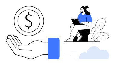 Finansal teknoloji çizimi. Finansal semboller el ödemeleri ve işlemler için bir dolar işareti içeriyor. Finansal araçlar, iş iletişimi, uzaktan çalışma, fintech fikirler