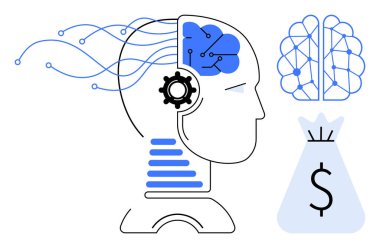 Yapay zekaya sahip insan kafası, sinirsel ağ temsili, akan veri hatları ve dolar işaretli para çantası. AI teknolojisi, yenilik, veri analizi, otomasyon, ekonomik büyüme konuları için ideal