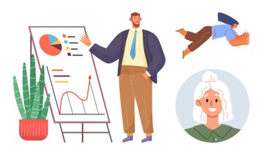 İş, takım çalışması, liderlik, yaratıcılık, veri analizi, büyüme. Profesyonel çizelgeler ve grafikler, beyin fırtınası ve çeşitli portreler yapan ekip üyeleri. İş ve takım çalışması kavramı