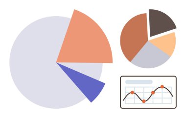 İş analizleri, finansal raporlama, veri görselleştirme, istatistik izleme, piyasa araştırması, performans analizi. İki pasta tablosu ve üzerinde veri olan bir çizgi grafiği. İş analizleri
