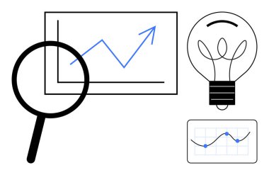 İş geliştirme, veri analizi, yenilik, büyüme stratejisi, problem çözme, piyasa araştırması. Büyüteç, yukarı doğru grafikli ampul. İş geliştirme ve veri analiz kavramı