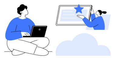 Dijital çalışma, takım çalışması, çevrimiçi öğrenme, uzaktan çalışma, veri paylaşımı, bulut hesaplama. Biri dizüstü bilgisayar kullanıyor, diğeri tabletle etkileşime geçiyor. Dijital çalışma ve çevrimiçi öğrenme kavramı